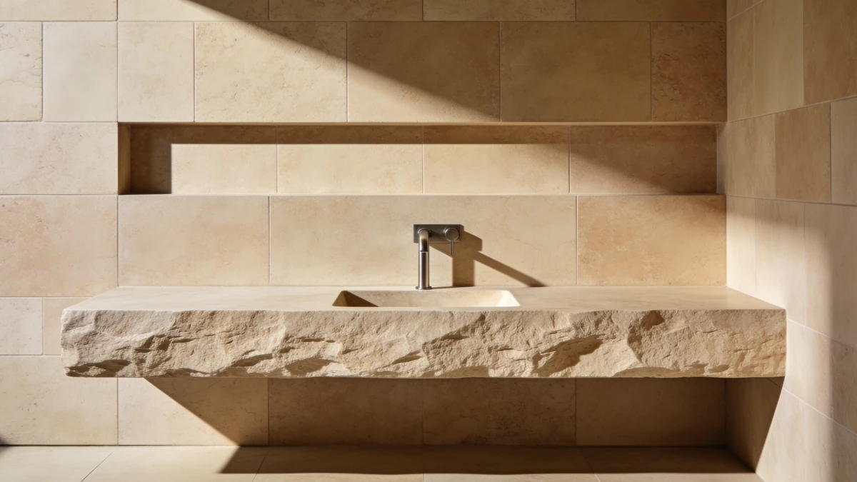 A stone vanity with twin basins against a large-format tiled wall